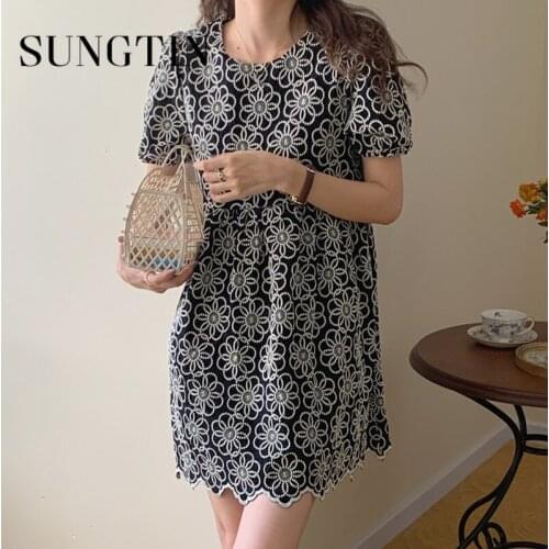 Sungtin Sweet Puff Sleeve Print Mini Dress for Women Summer A Line O Neck Floral Short Dress Korea Fashion Empire Dress Mujer