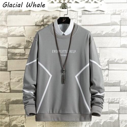 GlacialWhale Mens Crewneck Sweatshirt Men Oversized Hip Hop Japanese Streetwear Vintage Gray Patchwork Hoodie Men Sweatshirts