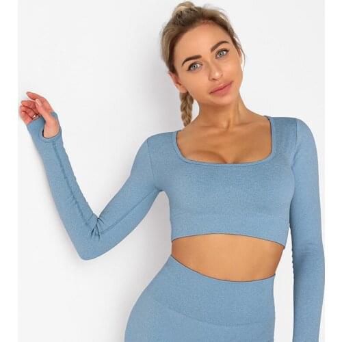 NORMOV Workout Women Tops Spring Autumn Square Collar Long Sleeve Tees Fitness Solid Breathable Skinny Tops Feminina