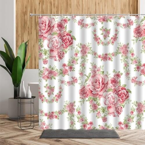 3D Spring Pink Rose Shower Curtain Beautiful Flowers Bird Plant Home Decoration Curtain Set Waterproof Bath Curtains With Hooks