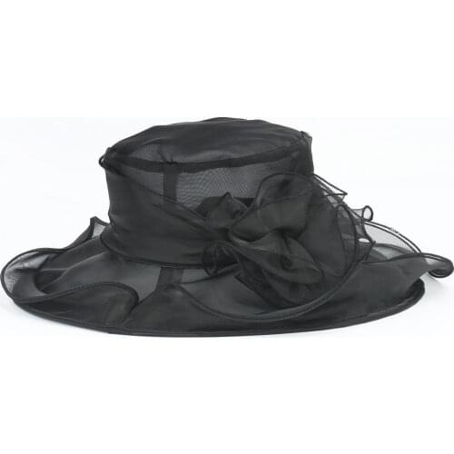 Ladies Elegant Vintage Flower Organza Sun Hats Women Floppy Wide Brim Wedding Tea Party Church Cap Summer Travel Casual Hat