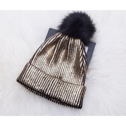 Women Girls Winter Warm Metallic Shiny Knitted Crochet Beanie Hat With Pom Pom