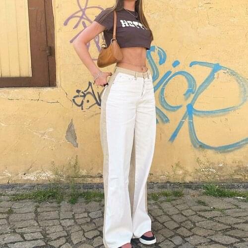 Women Casual Loose Spliced Pockets Wide Leg Pants Khaki And White Patchwork 2021 New Fashion Spring And Autumn Pants