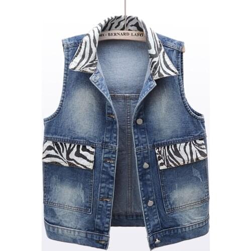 Spring New Korean Fashion Short Denim Vest Women Waistcoat Zebra Pattern Splicing Big Pocket Jeans Vest Sleeveless Jacket Female