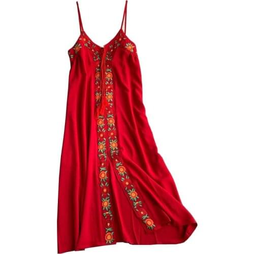 PERHAPS U Women White Red Dress V Neck Floral Embroidery Spaghetti Strap Sleeveless Split Summer Vocation D1208