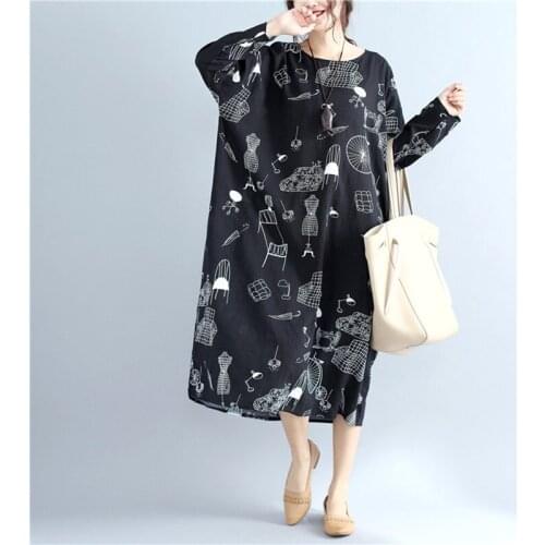 Women Dress Autumn 2019 European Fashion Loose Casual Dress Long Sleeve Midi Ladies Dresses Robe Vintage Femme Kaftan AA4800