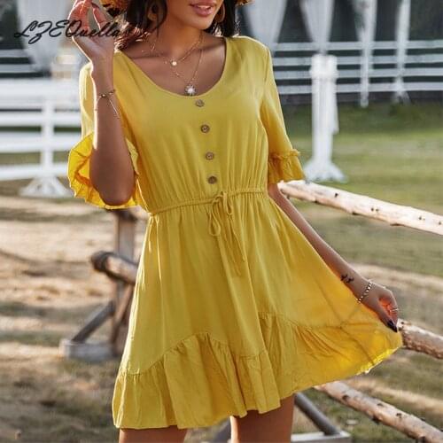 2021 New Summer Solid Button Ruffles Dress Women V Neck Half Sleeve High Waist Holiday Dresses Female A Line Mini Vestidos