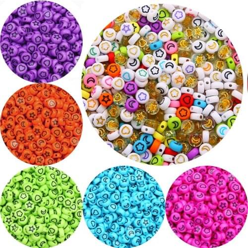 100Pcs 4x7mm Colorful Mixed Flower Star Moon Heart Beads Round Spacer Acrylic Beads For Diy Jewelry Making Bracelet Supplies