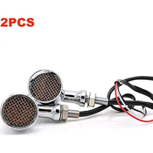 2Pcs Retro Bullet Motorcycle Turn Signal Light LED Indicators Brake Light Silver Grid metal shell For Honda Yamaha