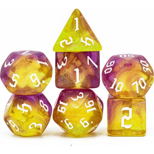 7Pcs/Set Purple Yellow DND Dice Set D4 D6 D8 D10 D% D12 D20 Sickle Font Polyhedral Dice for Role Playing Board Game D&D RPG MTG