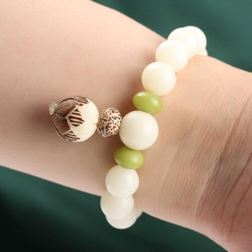 8mm White Carving Lotus Pendent With Green Bodhi Beaded Bracelet For Women Lucky Gift Ethnic Jewelry Handmade