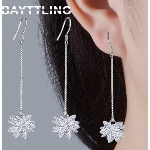 BAYTTLING 60MM 925 Sterling Silver Exquisite Flower Zircon Drop Earrings For Woman Fashion Party Tassel Earrings Jewelry Gift