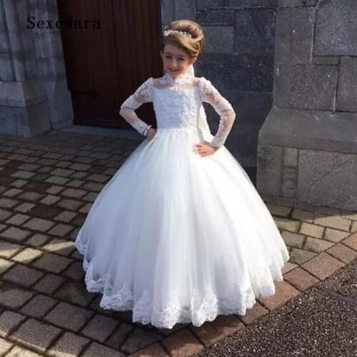 White Flower Girl Dress for Wedding Party Long Sleeve Applique Lace Wedding Accessory Kids Clothes for Party