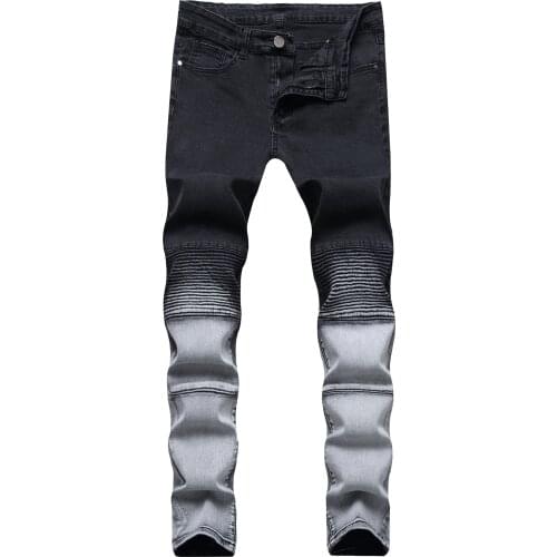 New pleated motorcycle pants mens stretch slim-fit black gradient feet mens jeans mens trousers