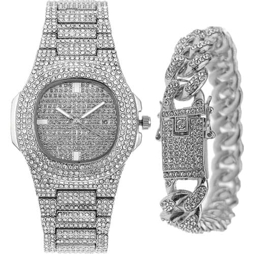 Watches for Men Women Luxury Hip Hop Iced Out Gold Watch + Bracelet Cuban Chain Rhinestone Bling Men Watch Set Gift Reloj Hombre