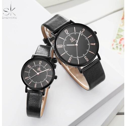 Shengke Couple Watch Set Mens Ladies Wrist Watches Analog Brown Fashion Simple Leather Strap Valentine Love Birthday Gifts