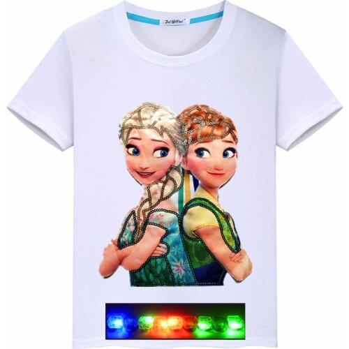 Disney summer fashion trend cartoon frozen princess girl print sequined light LED t-shirt cotton short-sleeved top