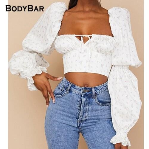 Elegant Lace Up Sexy Bodycon Clothes Backless Ladies Long Sleeve T-shirt Floral Print Bandage T Shirt For Women Spring Crop Tops