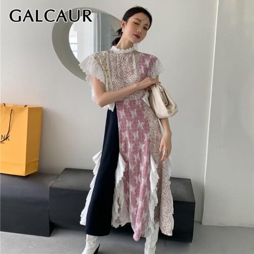 GALCAUR Print Floral Patchwork Casual Dress For Women Stand Collar Short Sleeve Hollow Out Side Split Dresses Female New Stylish