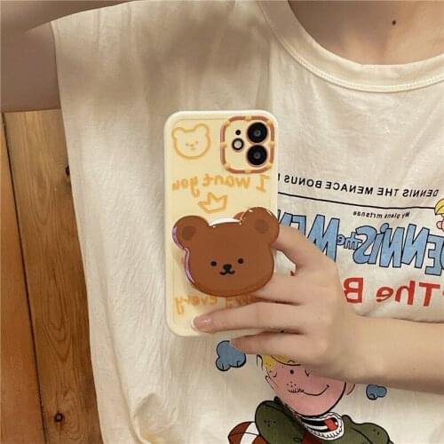 INS Korean Cute Bear Bracket Phone Case for IPhone 11 12 Pro XS Max X XR 7 8 Plus Folding Grip Stand Holder Soft TPU Back Cover