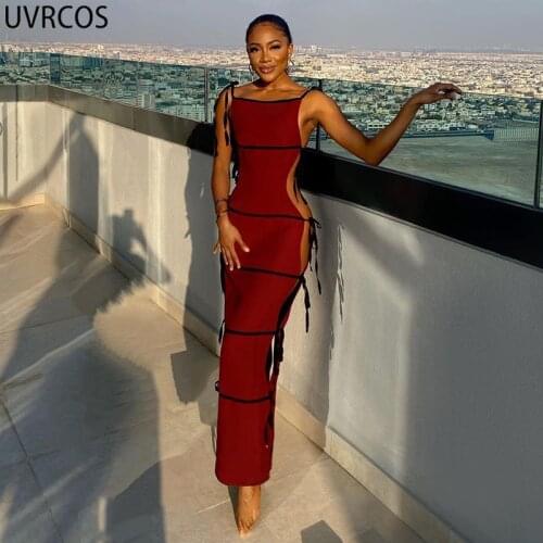UVRCOS Summer Womens Dress 2021 New High Quality Free Shipping Hollow Out Camisole Floor-Length Sleeveless Lace Up Long Dress