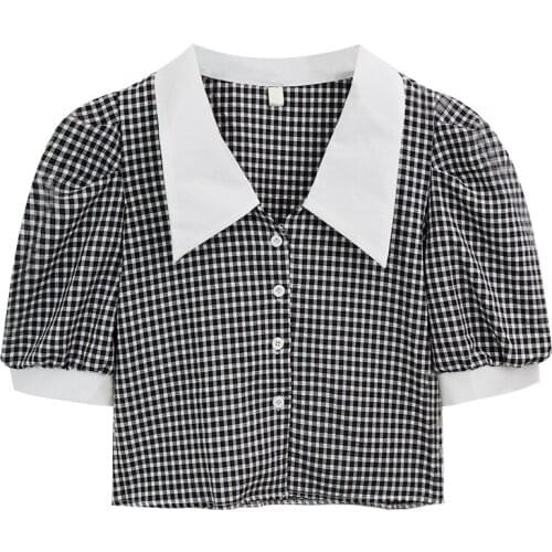 Summer Plaid Puff Sleeve Elegant Crop Top Turn Down Collar botton Short Sleeve Shirts sweet Korean Yellow Blue Blouse