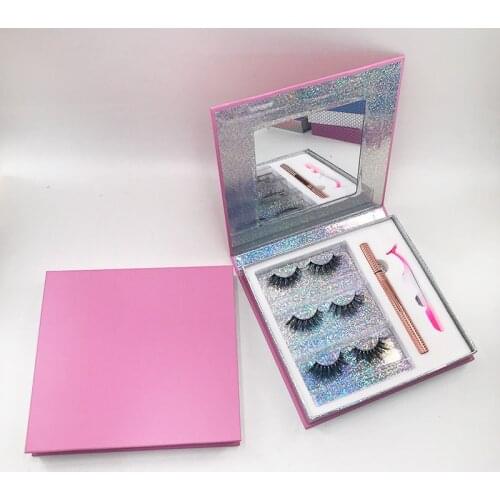 Hot Selling Pink Lash book Custom Print LOGO Packing with 3 Pairs Eyelashes Tweezer and Eyeliner