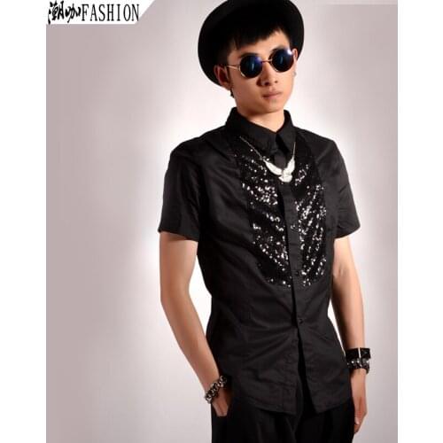 New Hot Brand Casual Fashion Paillette Patchwork Short-Sleeve Shirts Mens Clothing Singer Costume Nightclub Shirt
