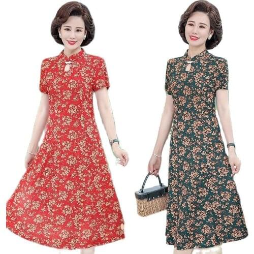 2021 NEW Floral dress mother dress dress short-sleeved casual cheongsam breathable fashion dress summer