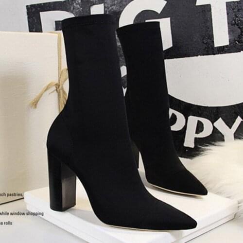 NEW Mid-Calf Boots Sexy Sock Boots Women High Heel Boots Stretch Fabric Women Boots Winter Shoes Female Square Heels Shoes