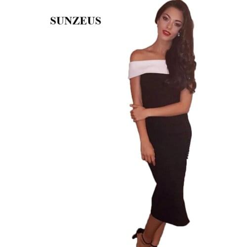 Sheath Boat Neck Off Shoulder Bridesmaid Dresses White Black Wedding Party Dress With Side Slit Wedding Guest Dresses Tea Length
