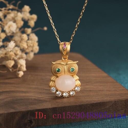 Jade Owl Pendant Women Gemstone Jewelry Amulet Natural Zircon Gifts Necklace Fashion 925 Silver Crystal Charm Chalcedony