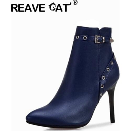 REAVE CAT 2021 Sexy Ankle Boots Belt Buckle Zip Pointed Toe Party Thin Heel Short Plush US19 Red Blue Black Yellow White A4514