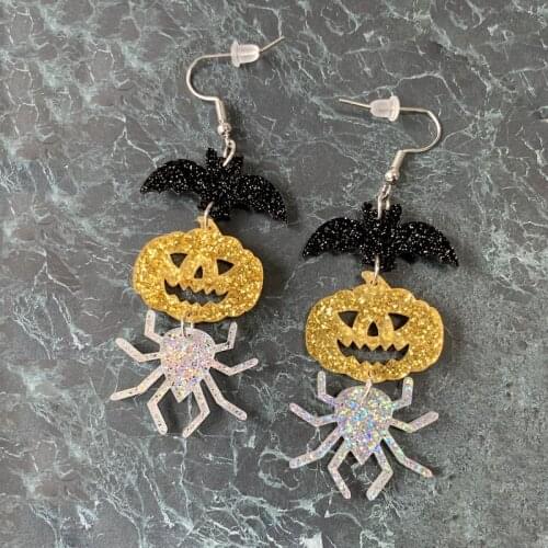 ZiccoWong Halloween Bat Pumpkin Lamp Spider Long Dangle Earring For Women Acrylic Hallowmas Costume Cosplay Drop Earring Party