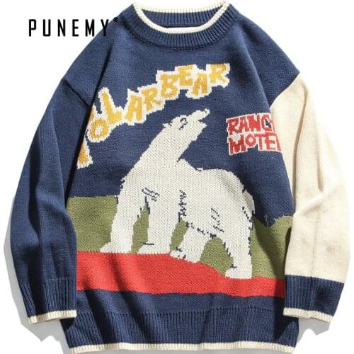 Men Sweater Funny Polar Bear Pattern Hip Hop Streetwear Acrylic Harajuku Sweter Oversize Pullover O-neck Autumn Male Sweaters
