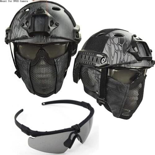 Tactical PJ Fast Helmet Steel Mesh Mask with UV Protection Goggles Full Face Cover for Airsoft Paintball Hunting Accessories
