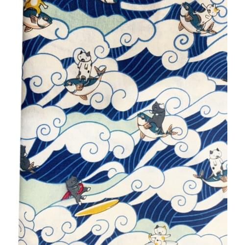 Printed Cat Dark Red Blue Cotton Bronze Japanese Style Fabric For Sewing Kimono Dolls & Bags Needlework DIY Patchwork Cloth