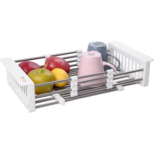 Extendable 304 Stainless Steel Kitchen Sink Dish Bowl Dry Drain Rack Fruits Vegetables Wash Organizer Basket Over Basin DQ0076-1