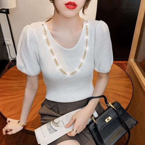 Short T-Shirt Hubble-Bubble Sleeve Short Years New 2021 Summer Designs Small Tees V-Neck Sweater Chain Ice Women Clothing Pull