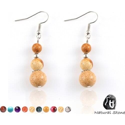 Women Natural Stone Crystal Earrings Obsidian Tiger Eye India Onyx Picture Beads Dangling Pierced Earring Hoops Jewelry 53mm