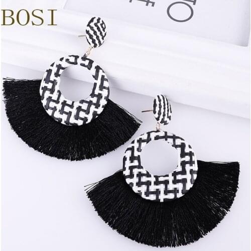 Tassel Earrings for Women 2019 Boho Fashion Handmade Geometric Bohemian Big Long Drop Earring Rattan Fringe black Statement