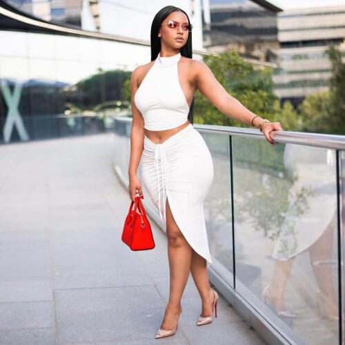 2021 Best Quality Famous Brand 2 pcs Women Set Solid Bandage O-neck Sleeveless Short Tops Casual Midi Dress