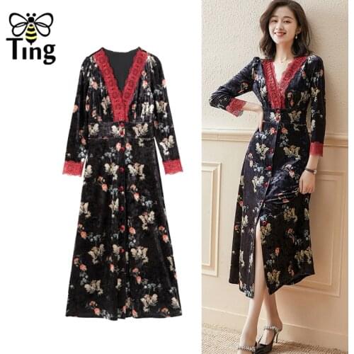 Tingfly Design Chic Vintage Elegant Lady Floral Velvet Party Dinner Dresses Retro Lace Patchwork V Neck Casual Dress Haut Plus
