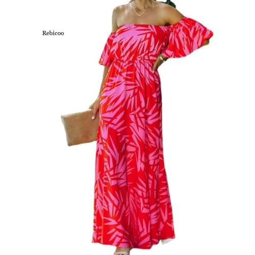 Womens Long Dress Off Shoulder Print Chic Ruffle Puff Sleeve Side Split Dresses Woman Summer Sweet Lady Casual Vestidos New