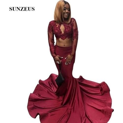 Sexy Crop Top Prom Dresses Appliques Long Sleeves 2 Pieces Party Gowns Mermaid Long Burgundy Women Dress Jersey