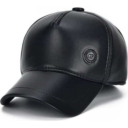 Winter Leather Hat For Men Simple Warm Baseball Caps With Ears New Adjustable Size Black Duck Tongue Hats Male Bone Trucker Cap