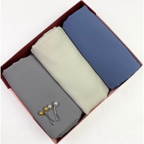 3pcs/box Hijab Gift For Women Plain Bubble Chiffon Scarf Wrap Musulman Soft Plain Headscarf Foulard Femme Blue Hijab Stoles