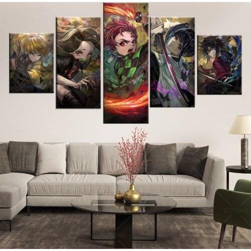 5 Pieces Canvas Wall Art Demon Slayer: Kimetsu no Yaiba Pictures Hd Print Modern Home Decor Poster for Living Room Wall Art