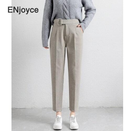 Women High Waist Wide Leg Plush Woolen Straight Pants Thicken Office Ladies Thick Winter Ankle-Length Suit Trousers Workwear