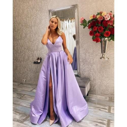 Lilac Long Prom Dresses with Split Satin Evening Formal Dress коктейльные платья A Line Party Gowns Vestido De Festa